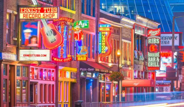 nashville-music Honky-tonks on Lower Broadway in Nashville, Tennessee. District is famous for country music entertainment establishments.
