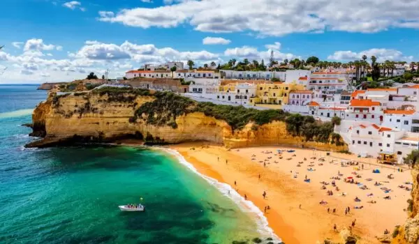 Carvoeiro-algarve-portugal Aerial view of beach in Carvoeiro fishing village at the Algarve in Portugal