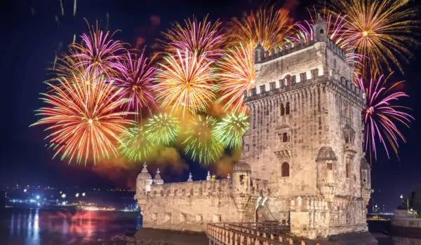 belem-tower-lisbon Fireworks above Belem Tower in Lisbon, Portugal